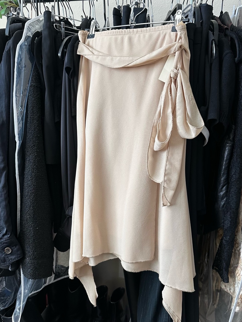 VTG 2000S Flowy Asymmetrical Wrap Midi Skirt with Tie Detail in Tan Nude